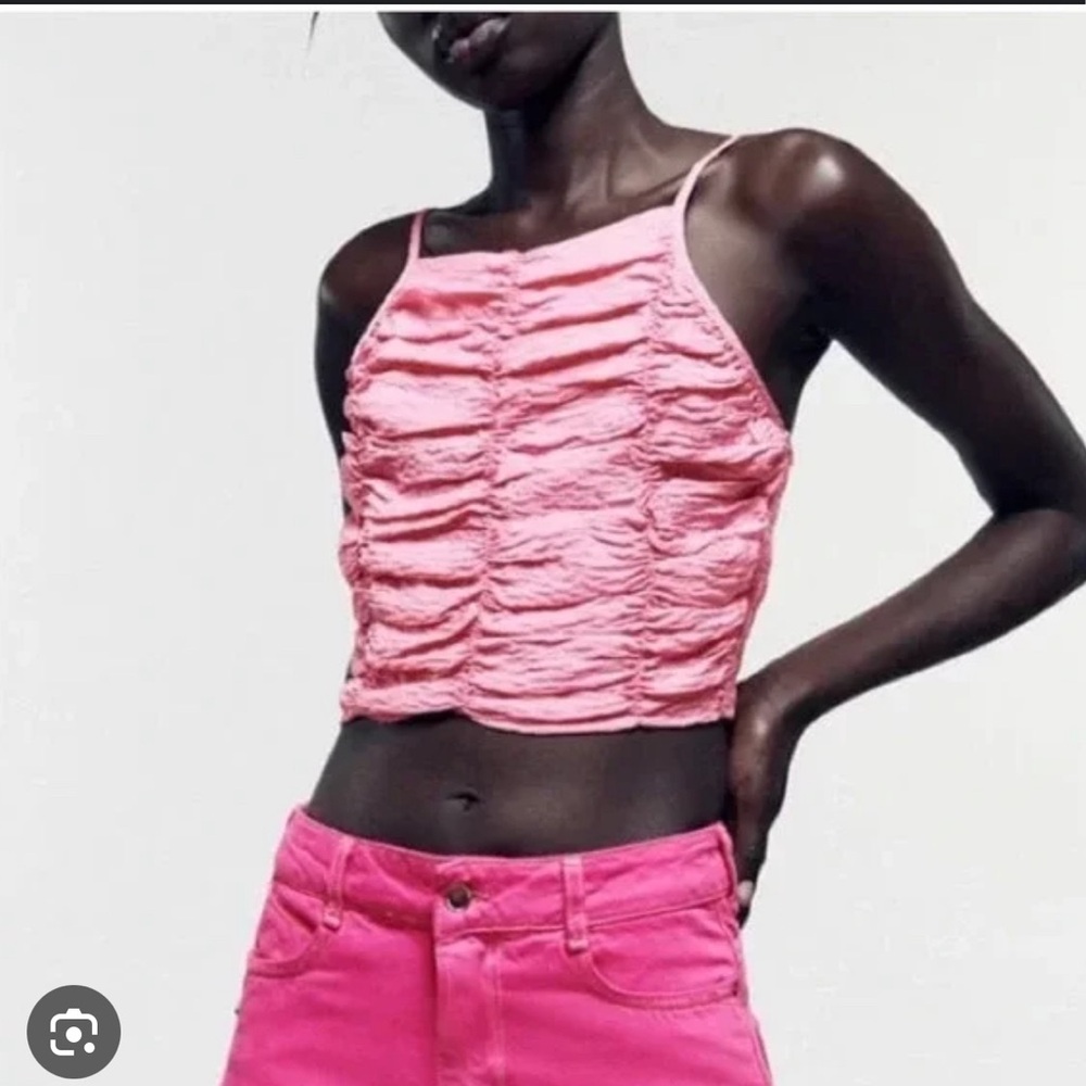 NWT ZARA PINK RUCHED HIGH NEXK CROP TOP